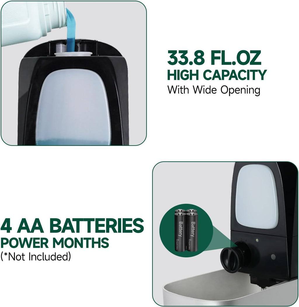 Commercial Automatic Soap Dispenser Large 34oz/1000ml Capacity Wall-Mounted Touchless Liquid Dispenser for High-Traffic Restrooms, Offices, Hospitals Model AD1220S Silver