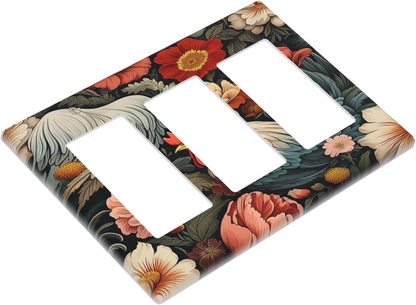 Light Switch Covers Rooster Flowers Red White Chicken Floral 3 Gang Rocker Electrical GFCI Decorative Triple Outlet Wall Plate Cover Switchplate for living Room Farmhouse Decor