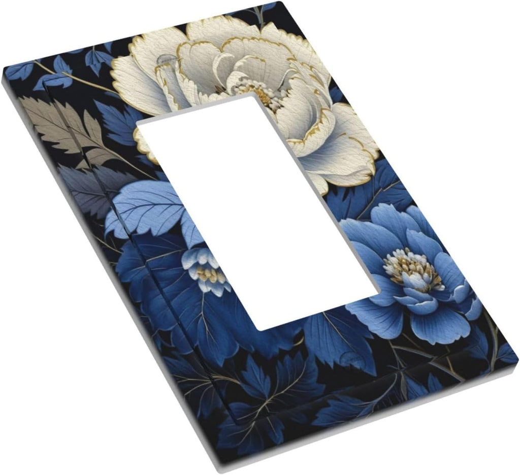 Blue White Flowers Single Decora Outlet Wall Plate 1 Gang Rocker Decorative Switchplate Faceplate GFCI Light Switch Covers for Home Living Decor