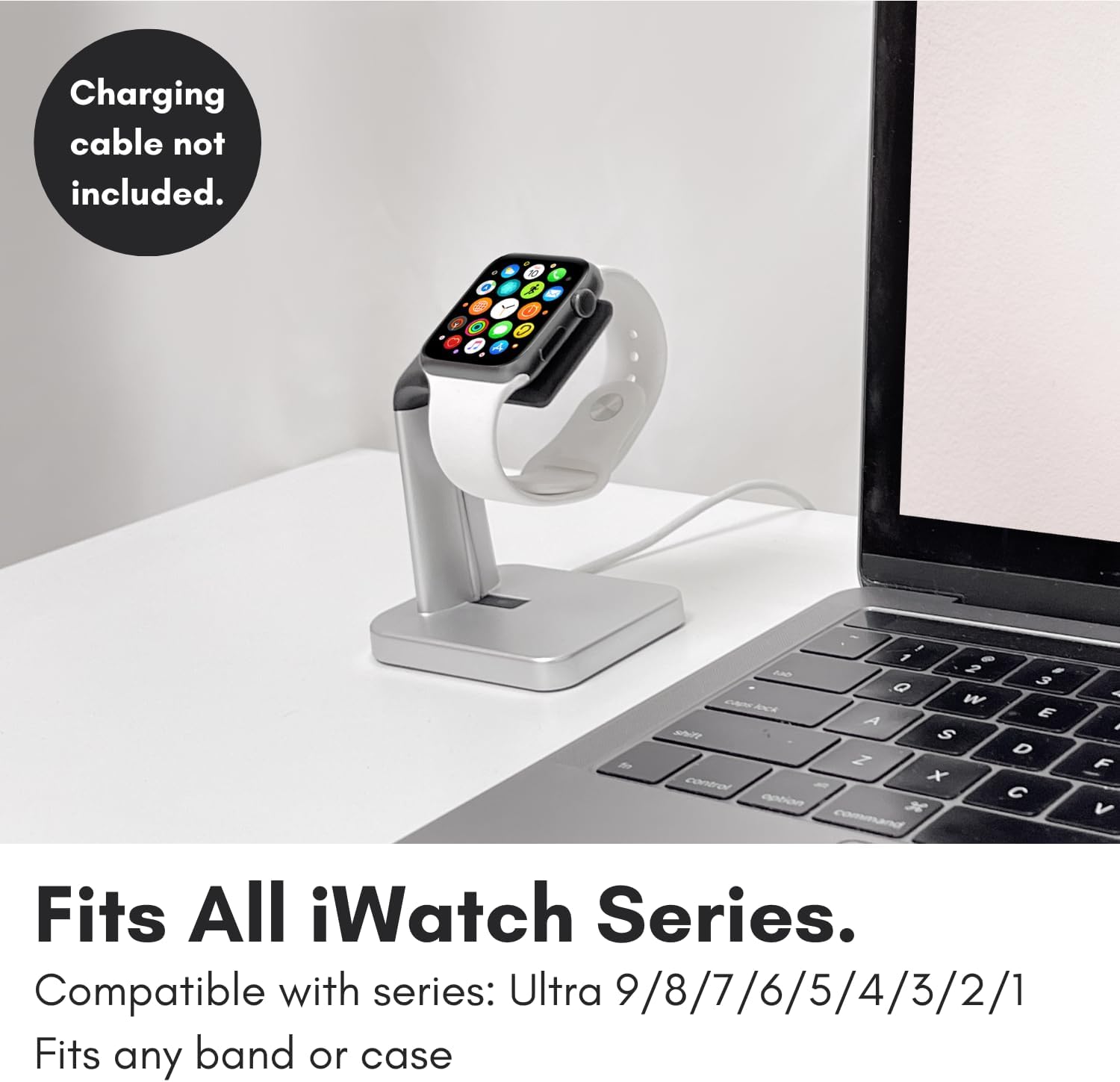 Macally Apple Watch Stand for Series Ultra 10 9 8 7 6 5 4 3 2 1 SE (49mm 45mm 44mm 42mm 41mm 40mm 38mm) - Apple Watch Charger Stand Dock Holder - Sleek Desk iWatch Charging Station - Silver