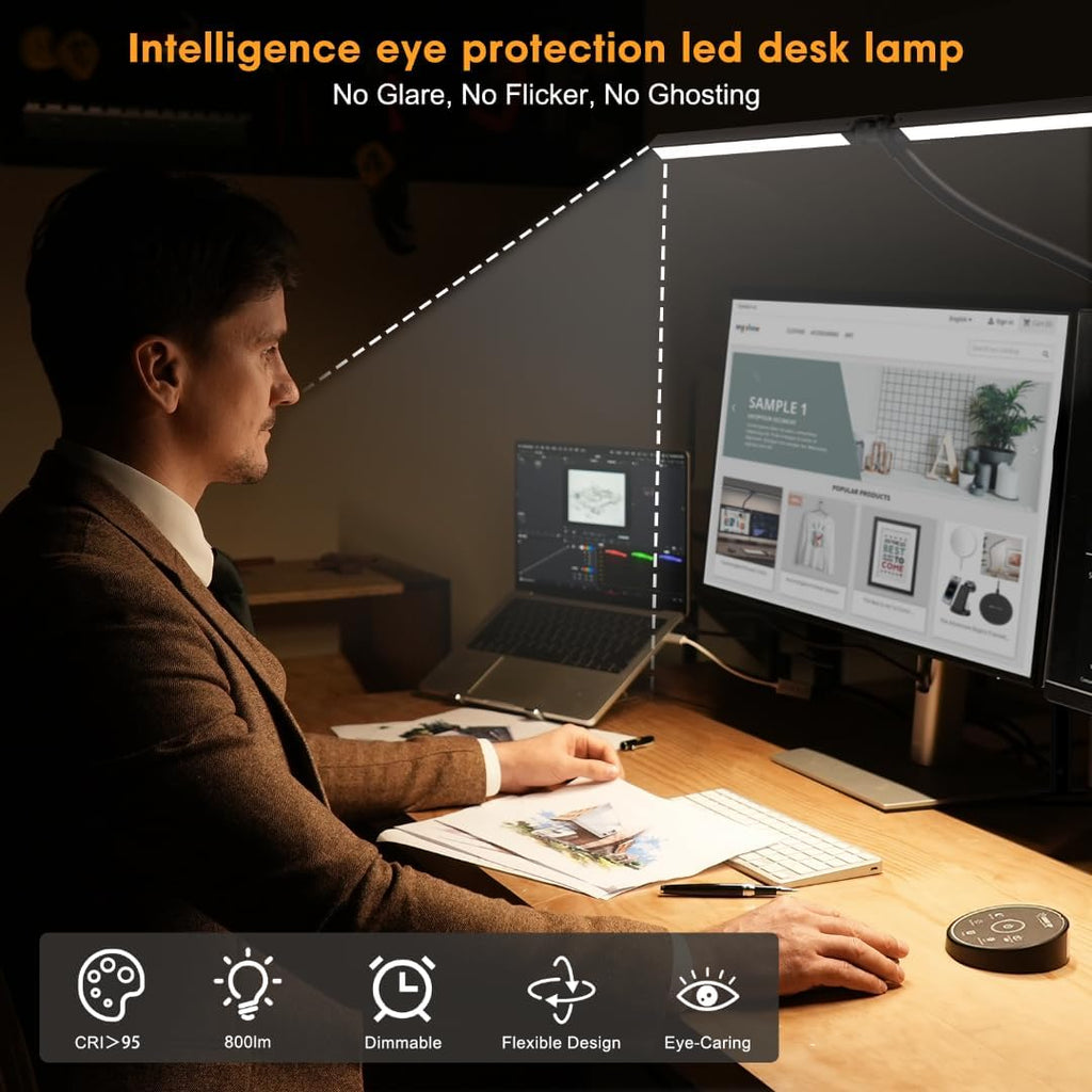 Led Desk Lamp for Office Home - Eye Caring Architect lamp with Clamp,Dual Screen Computer Monitor Work Smart Light: 24W 5 Color Flexible Adjustable Lighting Table Lamp for Study Drafting