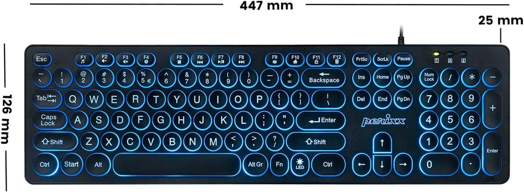 Perixx PERIBOARD-317R Wired Backlit USB Keyboard - Big Print Letter - Tri-Color Illuminated LED - Stylish Round Keycaps - US English