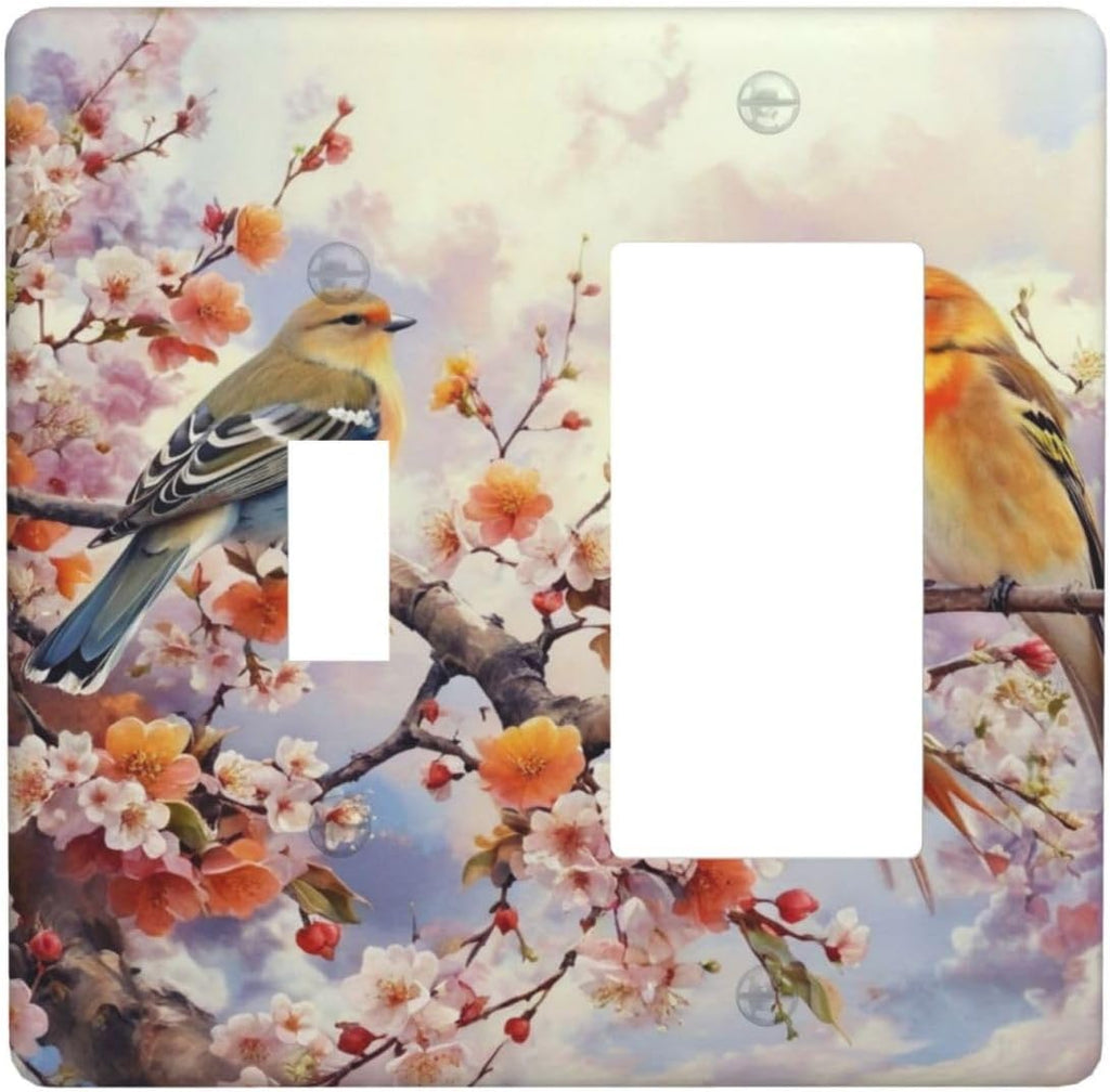 Birds Sitting on Flowers Tree Branch Light Switch Covers 2 Gang Single Toggle Rocker Combination Wall Plate Cover Electrical Faceplate Decorative Switch plate for Farmhouse Living Decor
