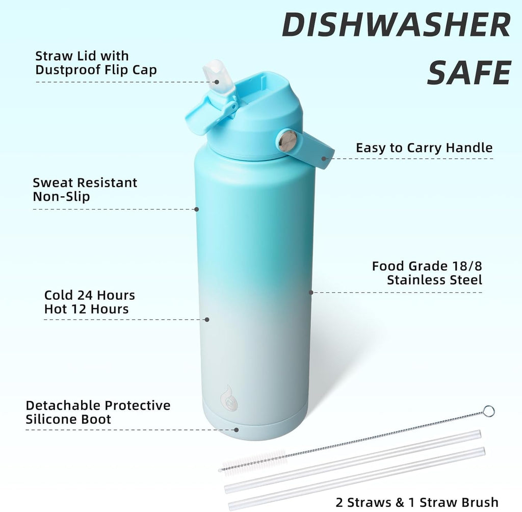 BJPKPK Insulated Water Bottle with Straw Lid, 40oz Large Thermo, BPA Free Leak Proof Stainless Steel Metal Water Bottles, Tumblers, Cups, Flasks for Travel, Sports,Sea Salt