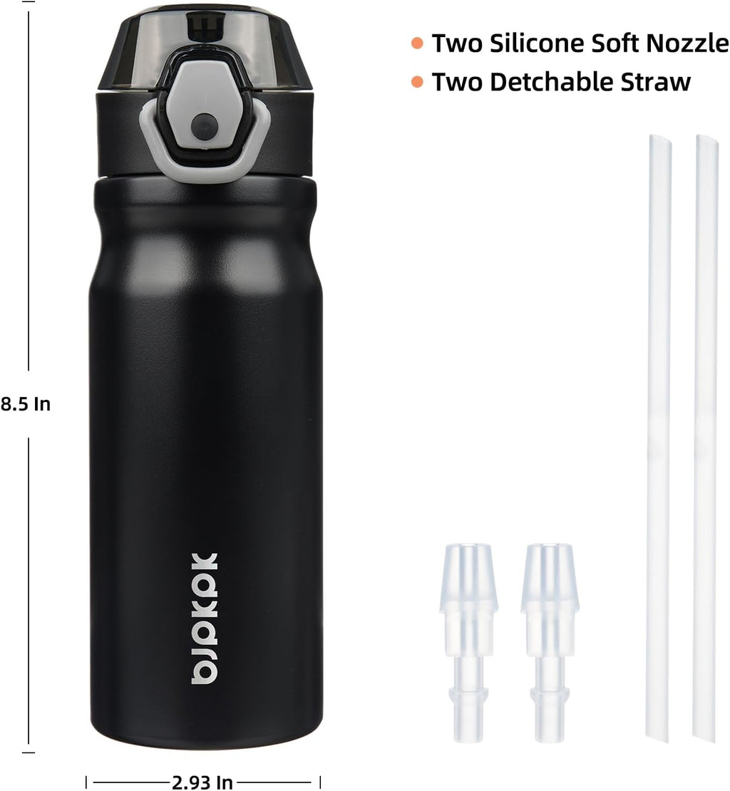 BJPKPK Water Bottle with Straw 18oz Insulated Water Bottles Reusable Stainless Steel Metal Thermal Flask with Leak Proof Lockable Lid and Carry Handle,Black