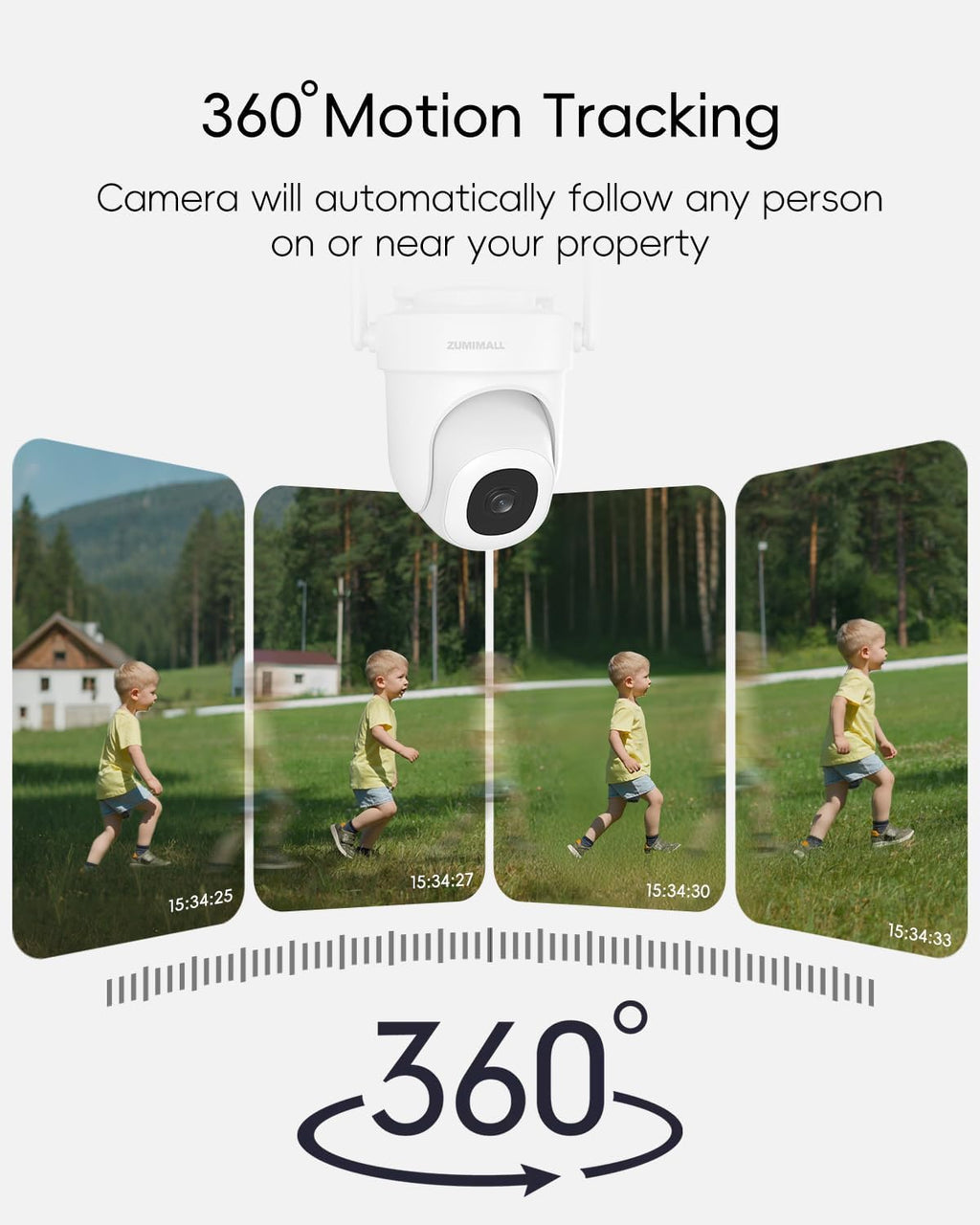 ZUMIMALL 3MP Outdoor Camera Wired 2.4G/5G WiFi - 2-Pack, 24/7 Recording, AI Motion Detection, Cloud & SD Card Storage, 2-Way Audio, PTZ Camera Auto Tracking, Compatible with Alexa Google