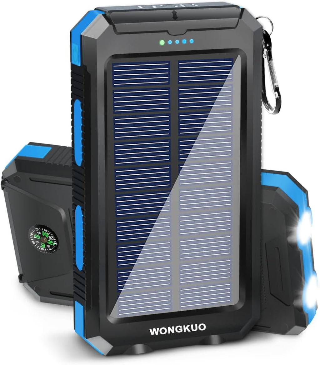 WONGKUO Solar Charger Power Bank - 36800mAh Solar Phone Charger, QC3.0 Fast Charger with LED Flashlight, IP65 Waterproof Portable Power Bank for Outdoor Activities (Blue)