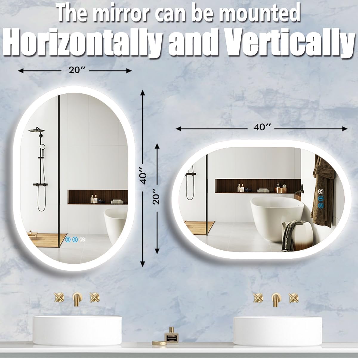 40 x 20 Inch Oval Backlit Mirror 3 Color Adjustable Brightness Backlits Oval Lighted Vanity Mirror for Bathroom Wall Horizontal Vertical Mount Antifog 40" Frameless LED Backlit Ovals Mirrors