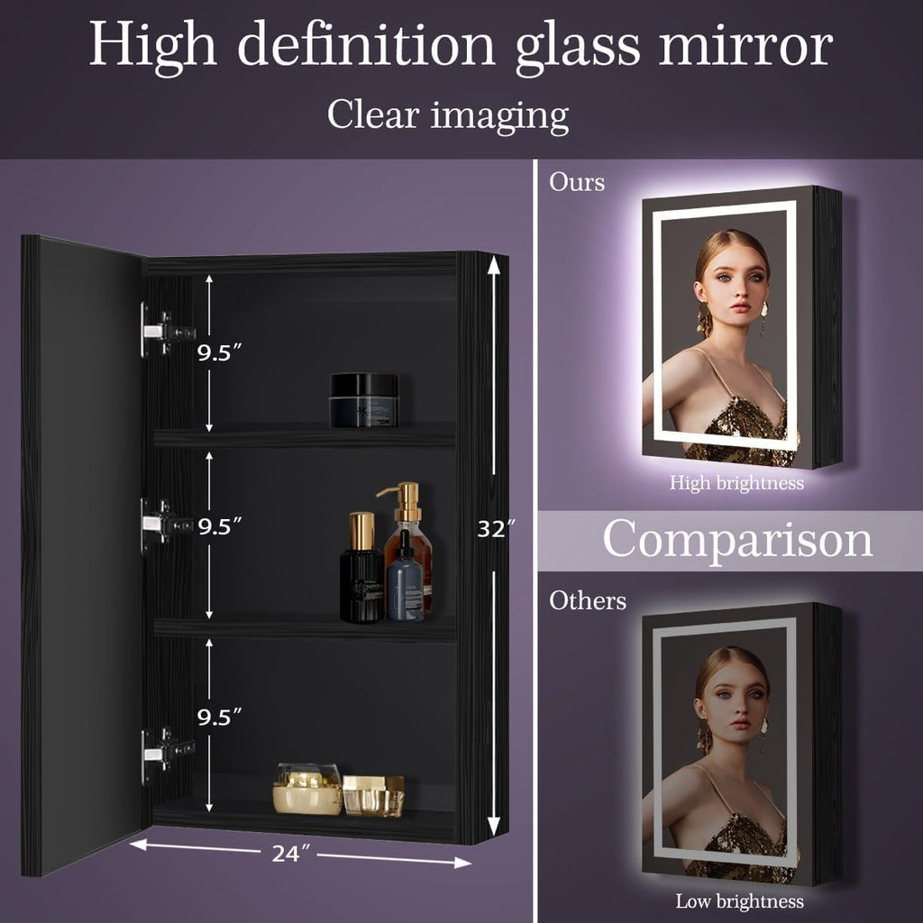 24 x 32 Inch Black Wood Led Medicine Cabinet Mirror with Lights Storage Wooden Cabinets Smart Memory 3 Color Dimmable AntiFog 32" Bathroom Lighted Medicine Cabinet with Mirror and LED Light