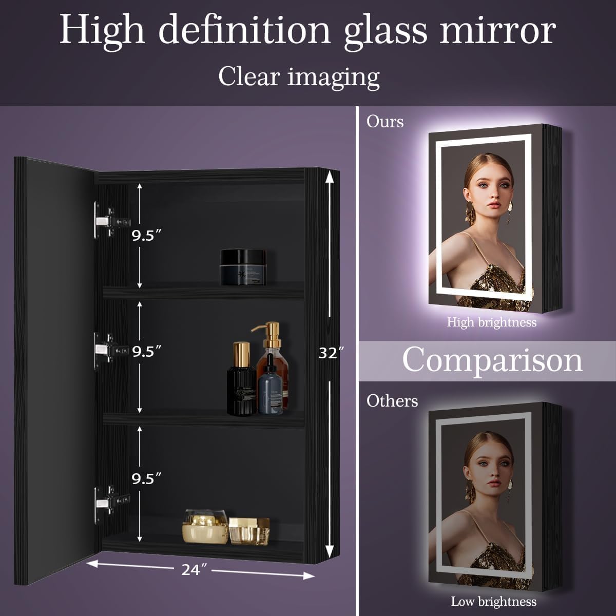 24 x 32 Inch Black Wood Led Medicine Cabinet Mirror with Lights Storage Wooden Cabinets Smart Memory 3 Color Dimmable AntiFog 32" Bathroom Lighted Medicine Cabinet with Mirror and LED Light