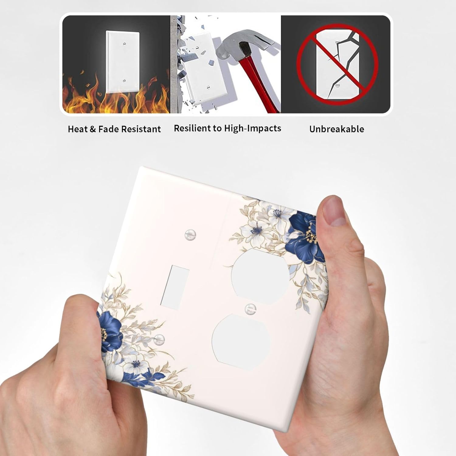 Decorative Outlet Covers Rustic Blue Beige Flower Peony Floral 2 Gang Light Switch Cover Plate Single Toggle Duplex Wall Plates for Electrical Outlets Switch Plate Covers for Bedroom Decor