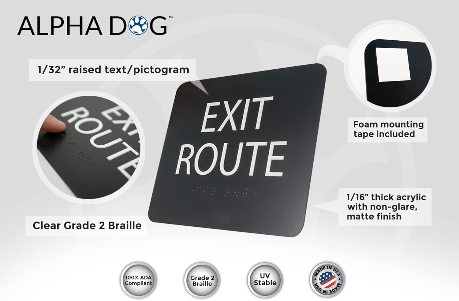 ALPHA DOG ADA SIGNS - Exit Route Sign with Braille for Your Business, 5x6 Inch, ADA Compliant, Indoor or Outdoor, Easy Installation, Made in the USA, Black