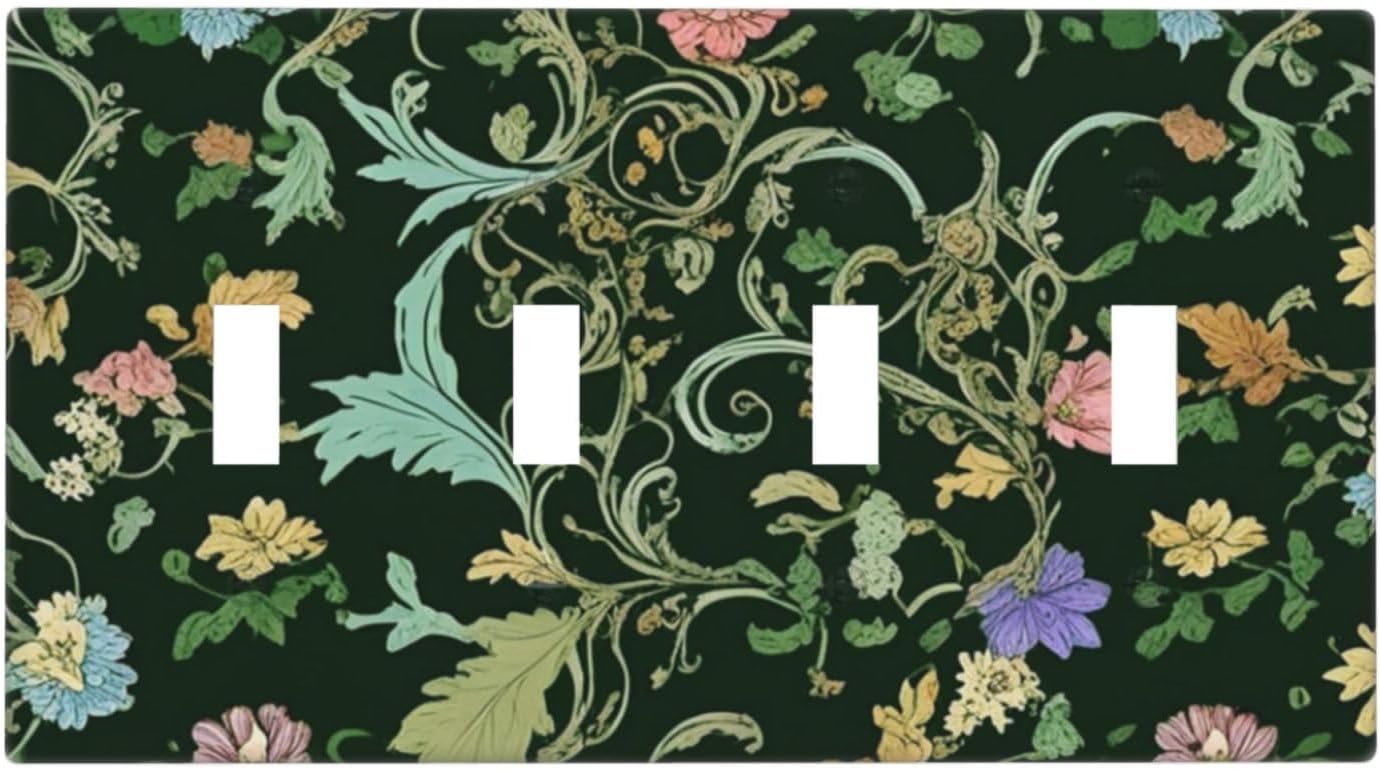 Decorative Light Switch Cover Plate Vintage Green Leaf Plant Rustic Pink Flower 4 Gang Wall Plate Oversized Quad Toggle Switch Cover Plate Jumbo Faceplate for Home Decor
