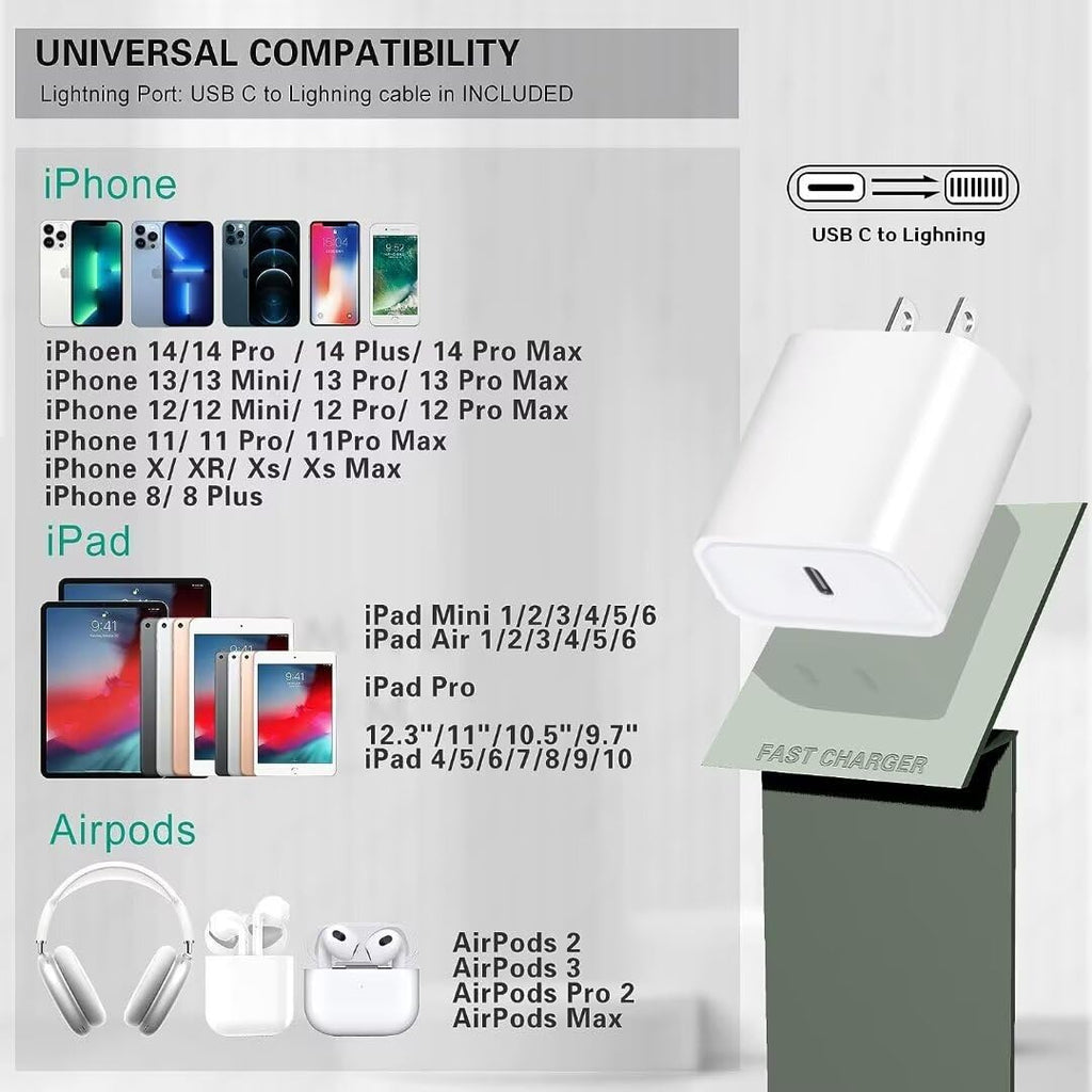 Fast Charger iPhone [Apple MFi Certified],2 Pack USB C Rapid Charger Block with 2Pcs 10FT Extra Long Apple USB C to Lightning Cable Fast Charging for iPhone 14/14 Pro/13Pro Max/12/11Pro/Mini/XR/8/iPad