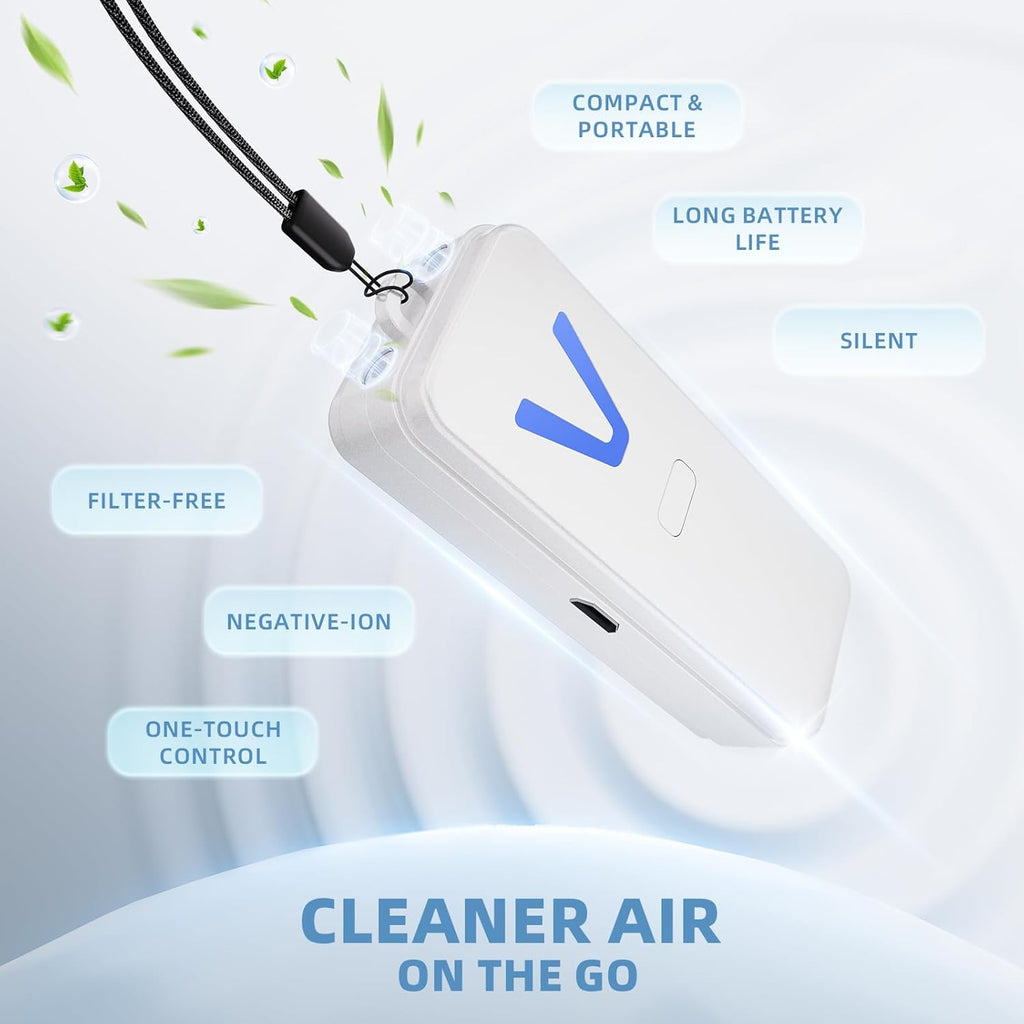 Air Purifier – F2V Portable Personal Wearable Mini Negative Ion Air Ionizer, USB Rechargeable, Filter-Free & Quiet, Ideal for Travel, Commute, Home & Office, White