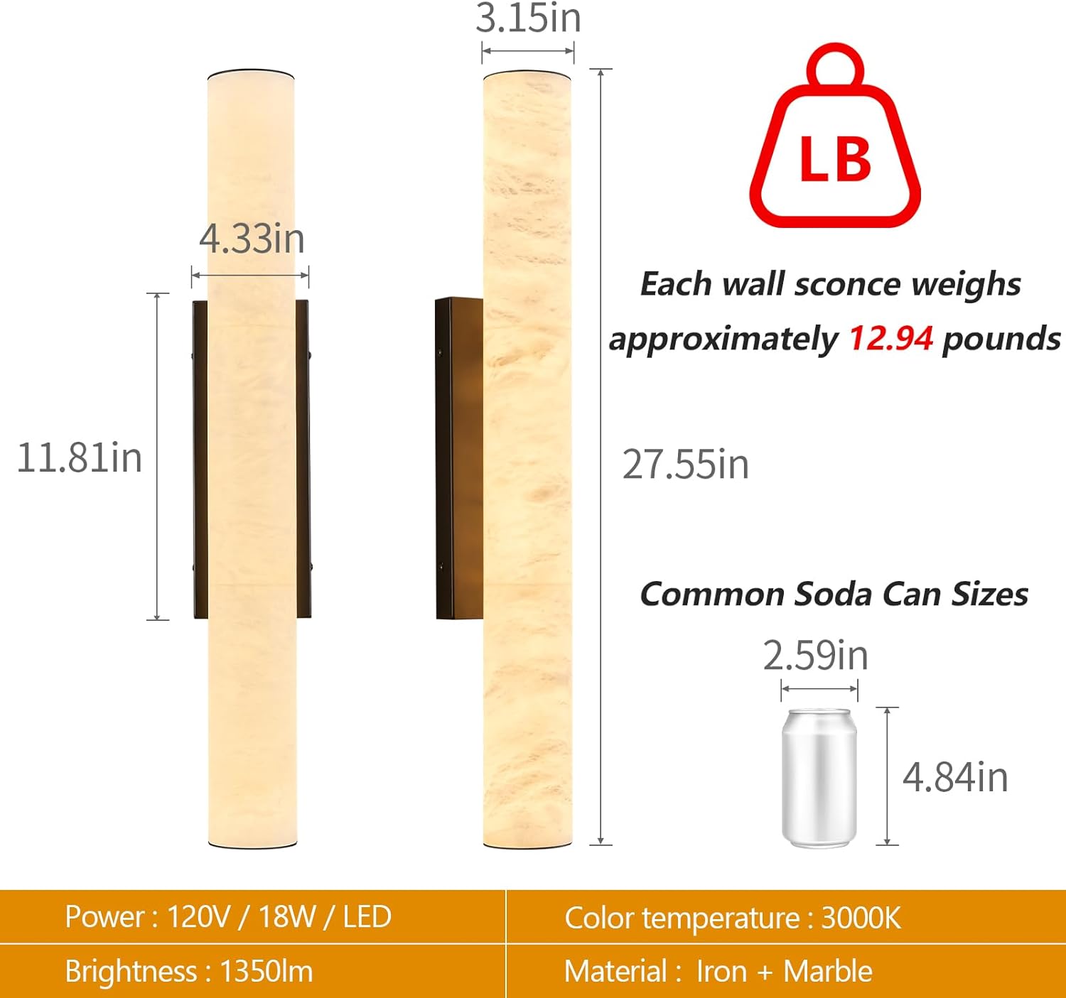 LMQNINE Natural Alabaster Wall Sconces Set of Two Spanish Marble Wall Light Cylinder Modern Black LED Sconce for Living Room Bedroom Bathroo Stairs（M-2Pack）