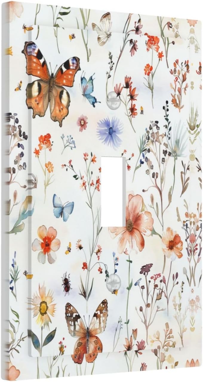 Decorative Light Switch Cover Butterfly Floral Boho Multicolor Flower Leave 1 Gang Single Toggle Device Electrical Faceplate Switchplates Decorator Outlet Wall Plate for Bed Room
