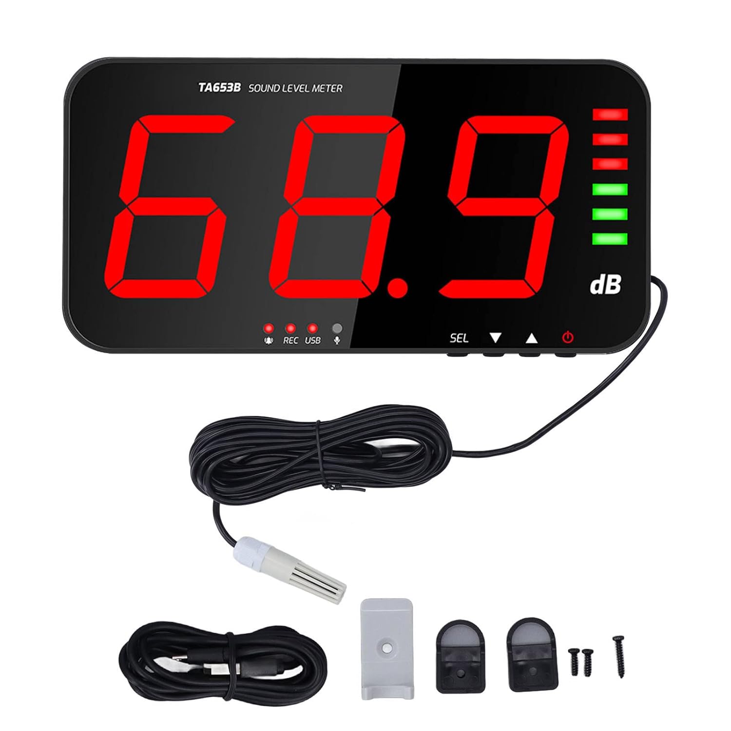 Decibel Meter Sound Alarm Wall Hanging Noise 30-130db Reader Digital Large LCD Display Mounted Temperature Humidity Measuring Level Db Tester TA654B