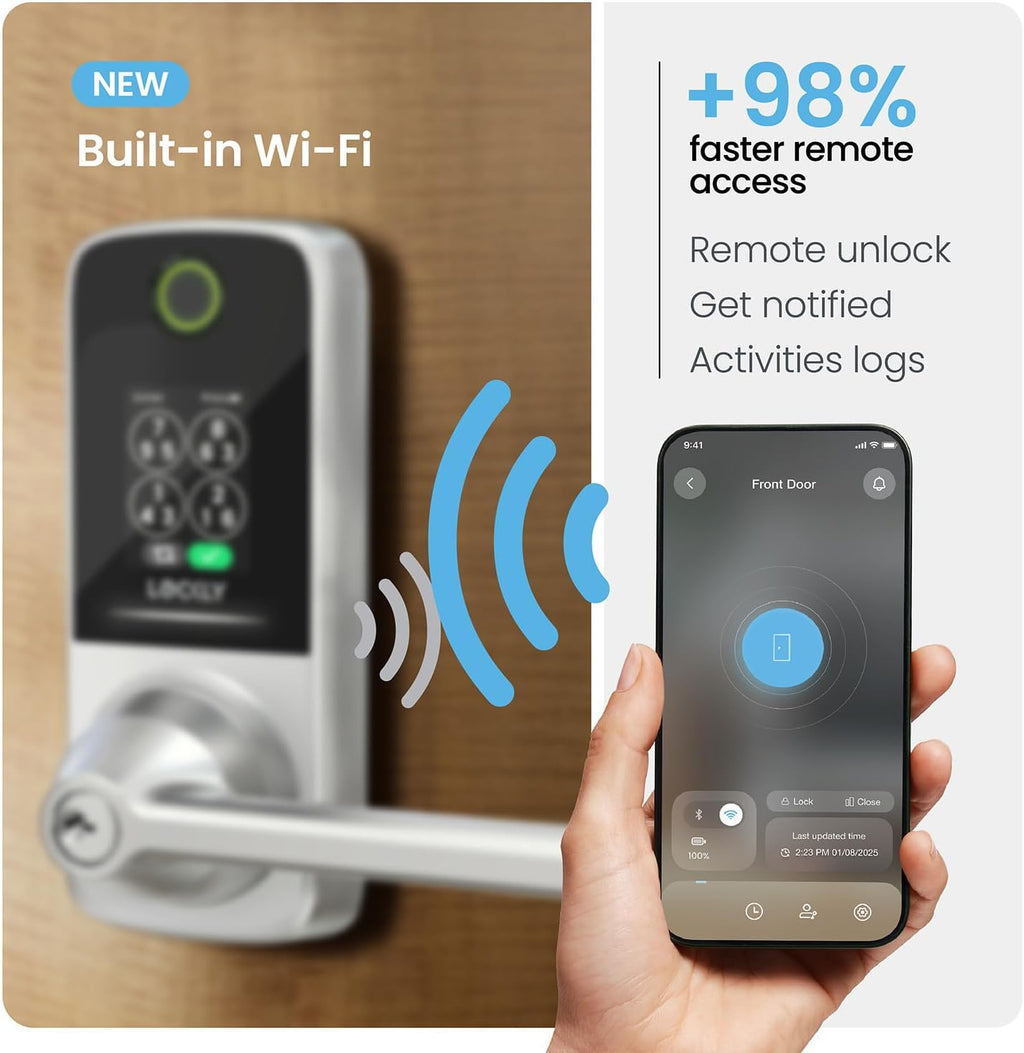 Lockly Smart Lock Secure Pro (2025 Latest Version),Fingerprint Door Lock, Keyless Entry, Built-in Wi-Fi Latch, PIN Genie Keypad (Silver)