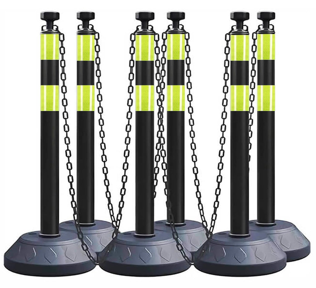 6 Pack 40 Inch Traffic Delineator Posts with Fillable Base and 6.6FT Plastic Chain, Safety Delineator Post Cones with 2 Green Reflective Stripes for Construction Work (Black)