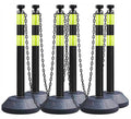 6 Pack 40 Inch Traffic Delineator Posts with Fillable Base and 6.6FT Plastic Chain, Safety Delineator Post Cones with 2 Green Reflective Stripes for Construction Work (Black)