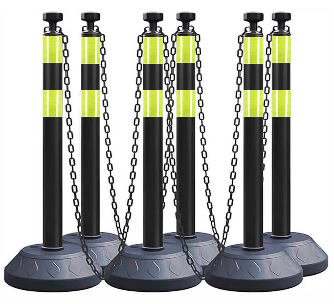 6 Pack 40 Inch Traffic Delineator Posts with Fillable Base and 6.6FT Plastic Chain, Safety Delineator Post Cones with 2 Green Reflective Stripes for Construction Work (Black)