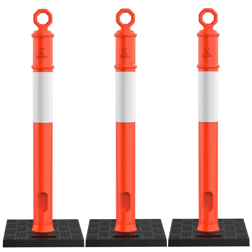 RoadHero 45 Inch Delineator Post with Base, Portable Orange Traffic Delineator Posts Cones with Reflective Collars for Parking Lots, Road Safety, Construction Events 3 Pack