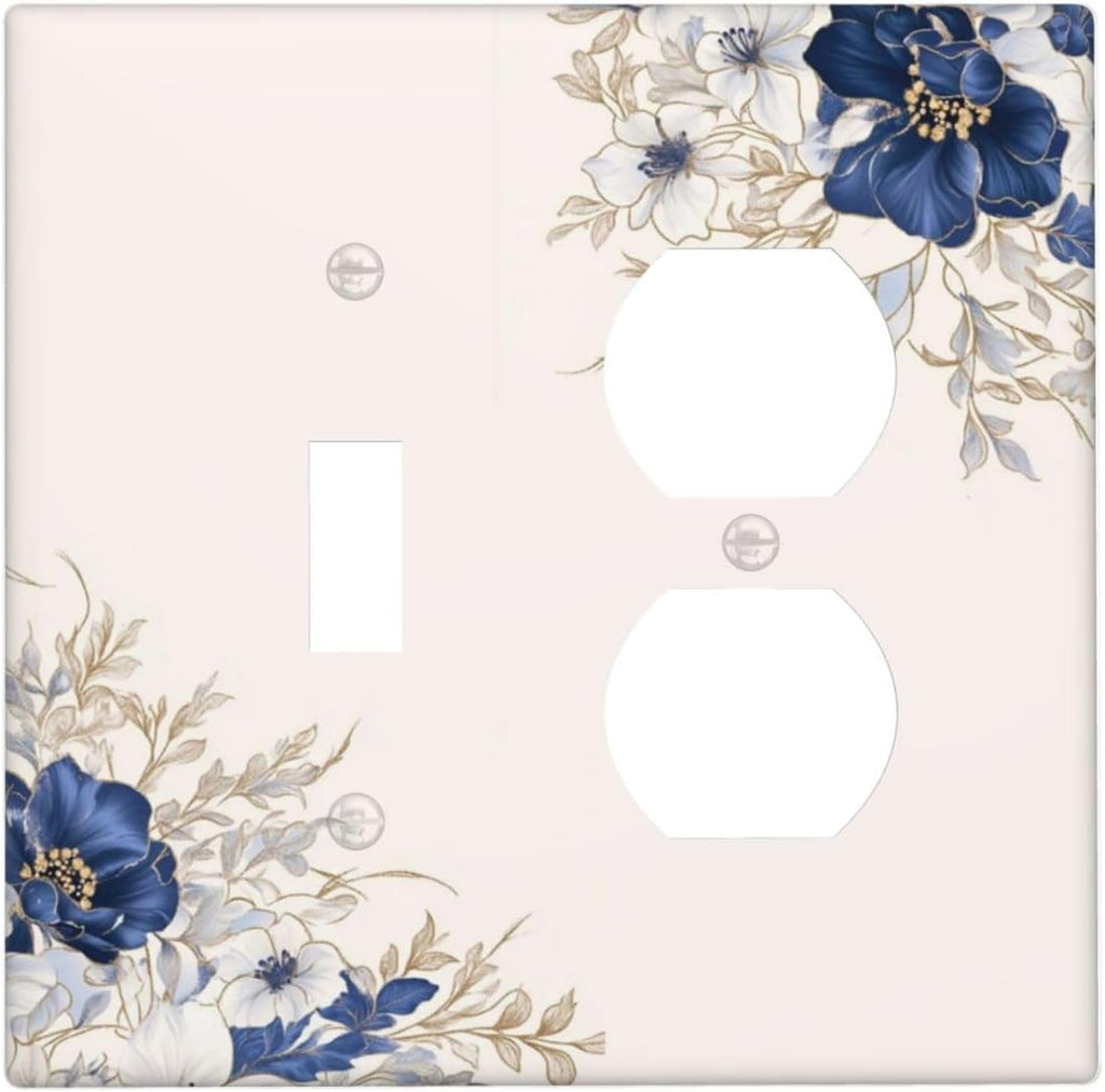 Decorative Outlet Covers Rustic Blue Beige Flower Peony Floral 2 Gang Light Switch Cover Plate Single Toggle Duplex Wall Plates for Electrical Outlets Switch Plate Covers for Bedroom Decor