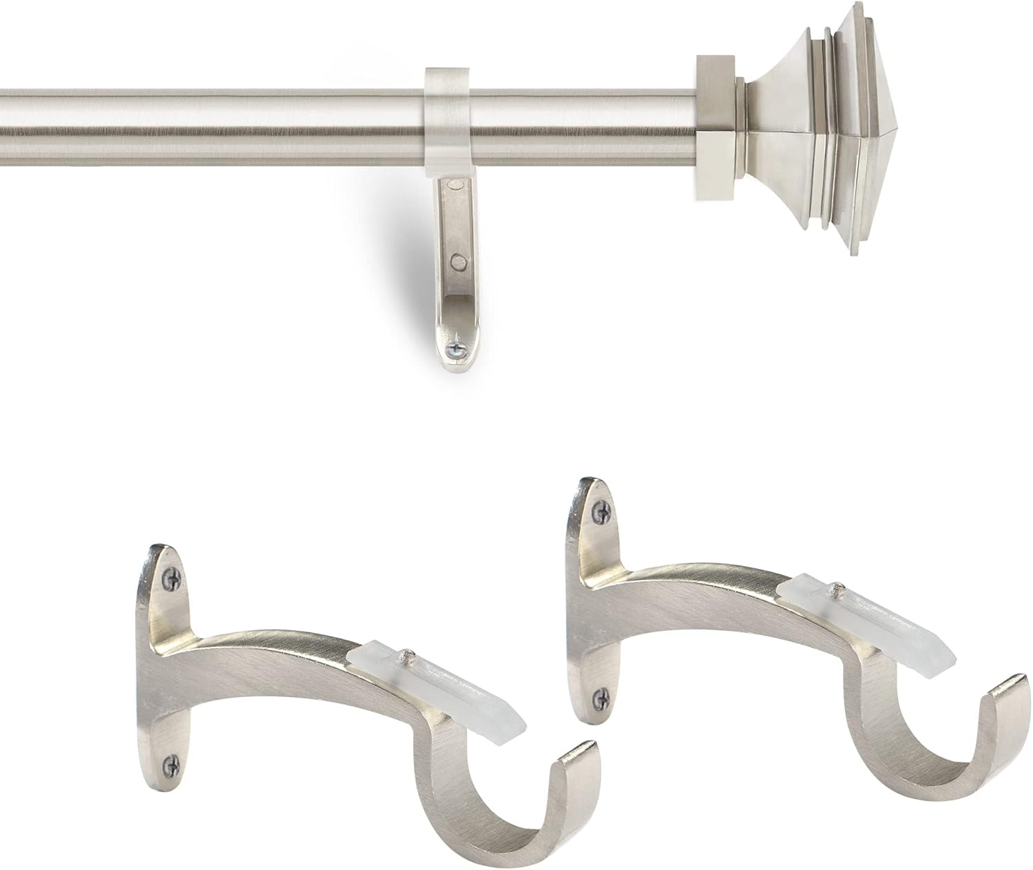 Deco Window 2 Pcs 36"-66" Extendable Curtain Rod for Door & Windows Adjustable Iron Telescopic Drapery Bar with Stacked Square Finials (1" Diameter, Satin Silver)