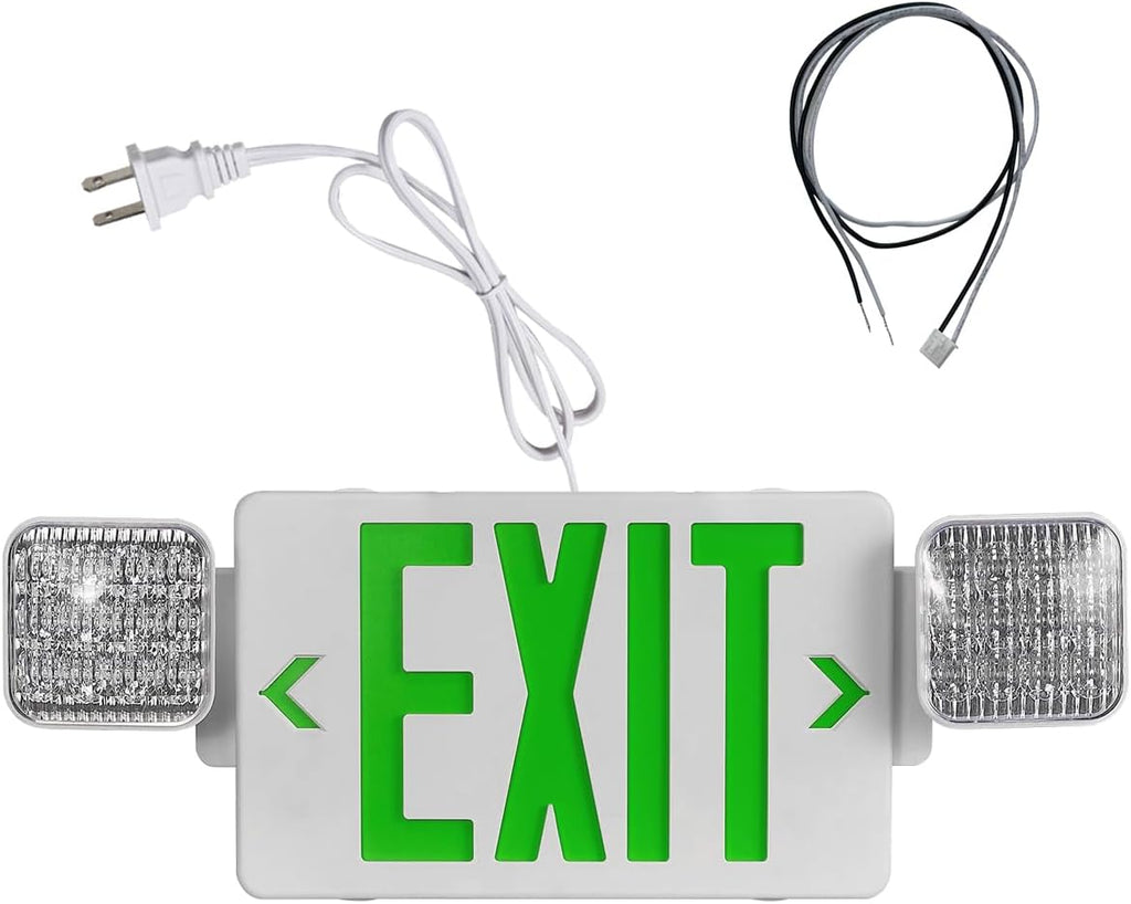 TANLUX Green Exit Sign with Emergency Lights, LED Exit Light - Battery Backup, UL Listed, AC 120/277V - Corded Commercial Emergency Light Combo