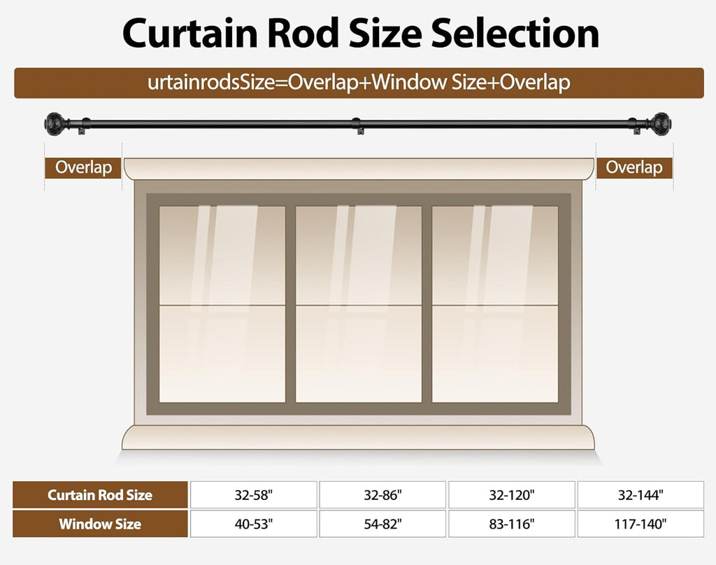 TONIAL Black Curtain Rod 32 to 144 Inches, 7/8 Adjustable Curtain Rods for Windows 20 to 144 Inches, Splicing Drapery Rods Heavy duty with Netted Texture Finials