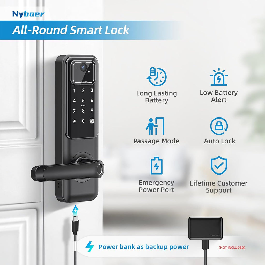 WiFi Video Smart Door Lock with Camera & Doorbell, Keyless Entry Fingerprint Lock with Handle for Front Door, Nyboer Keypad Electronic Digital with Rechargeable Lithium Battery, Easy Installation