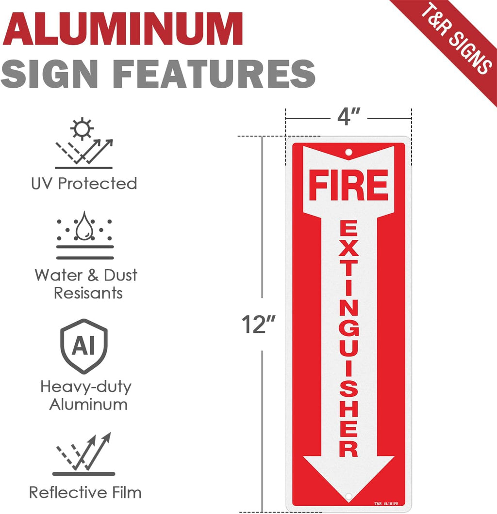 T&R Metal Fire Extinguisher Sign - 12 Pack - 12"x4" .040 Rust Free Heavy Aluminum, Reflective, Waterproof, Weatherproof and Fade Resistant, 2 pre-drilled holes, Easy to Install Indoors and Outdoors