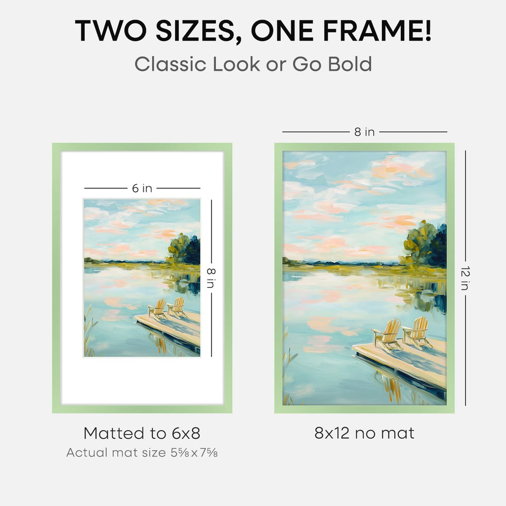 Homeforia 8x12 Picture Frame Sage Green, High End Metal 8 x 12 Poster Frames with Mat 6 by 8 Photo, 12x8 Frame Matted to 6x8 inch Art, 8by12 Wall or Tabletop Frames, Tempered Glass, Wall Kit, Set of 1