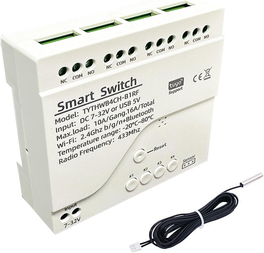 Tuya WiFi Smart Temperature Sensor Controller, 4CH 7-32V Relay Switch, Remote Voice Control, APP Remote Control, Dry Contact, Real-Time Monitoring, Compatible with Alexa and Google Home