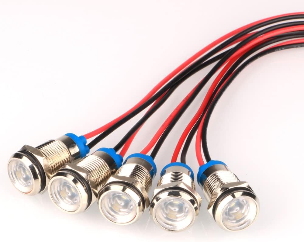 5pcs AC/DC 12-24V White 10mm Energy-Saving LED Metal Indicator Light Waterproof Signal Lamp with Wire