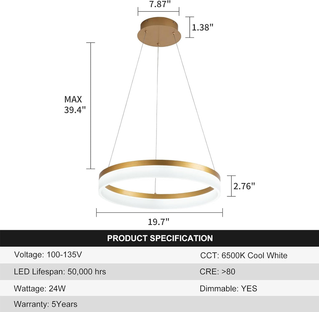 Buccleuch Modern LED Chandelier - Dimmable 19.7" Gold Round Pendant Light, Height Adjustable UL-Certified Ceiling Light for Dining Room, Kitchen Island, Living Room, Bedroom, Foyer