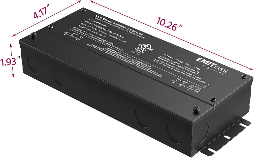 EMITEVER Dimmable Led Driver, 200W AC 110V-277V to DC 24V Transformer, 5-in-1 Dimming: ELV/MLV/TRIAC / 0-10V / 1-10V / 10V PWM/Potentiometer, Waterproof IP67 and UL Listed