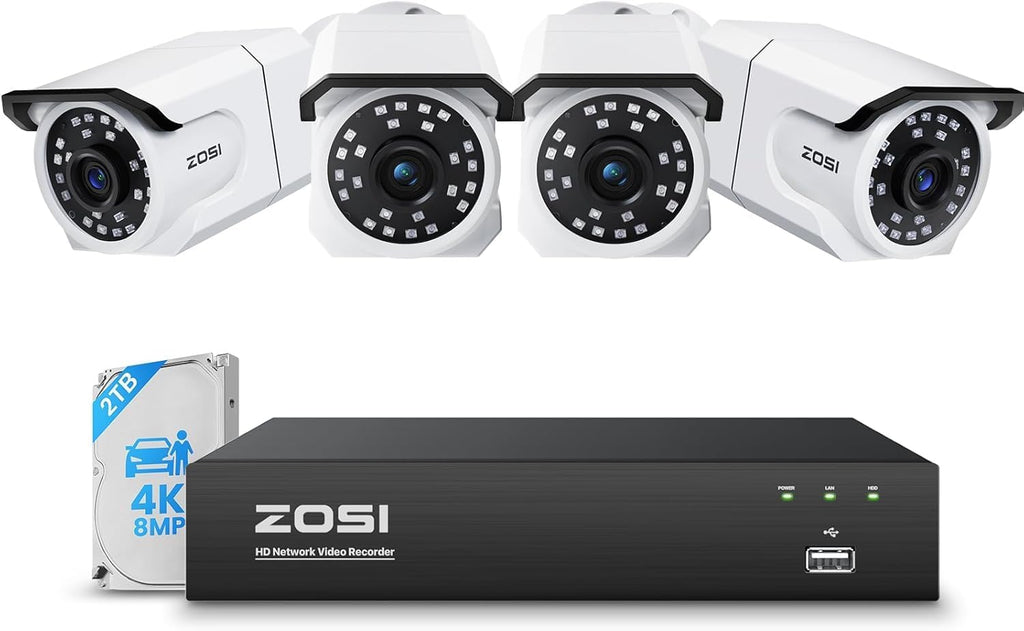 ZOSI 4K PoE Security Camera System,4 x 8MP Weatherproof Surveillance Cameras with One-Way Audio,People Counting,Night Vision,Person Vehicle Detection,8CH 4K NVR with 2TB HDD for Home 24/7 Recording