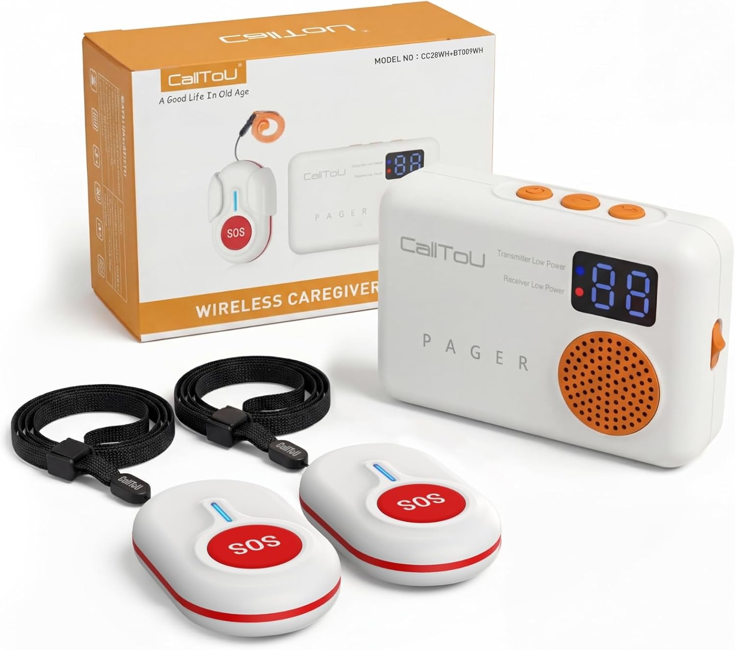 CallToU Caregiver Pager Wireless Call Button for Elderly at Home, Portable Nurse Alert System with Vibration/for Patients and Disabled, 500ft Ranger (2 Call Buttons + 1 Receivers)