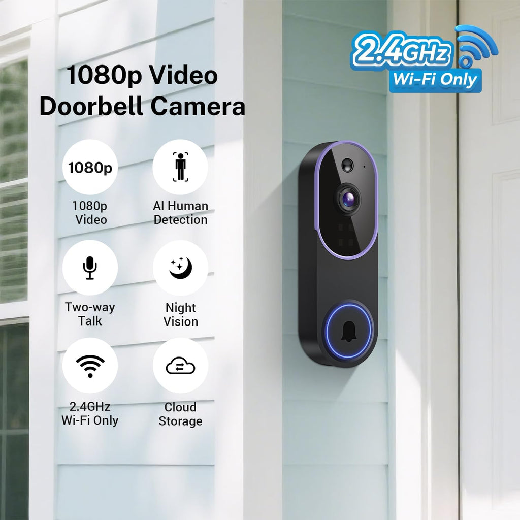 Smart 1080p Video Doorbell Camera with Doorbell Receiver, Live View, AI Human Detection, 2-Way Audio, Night Vision, Cloud Storage (Sold Separately), 2.4G WiFi