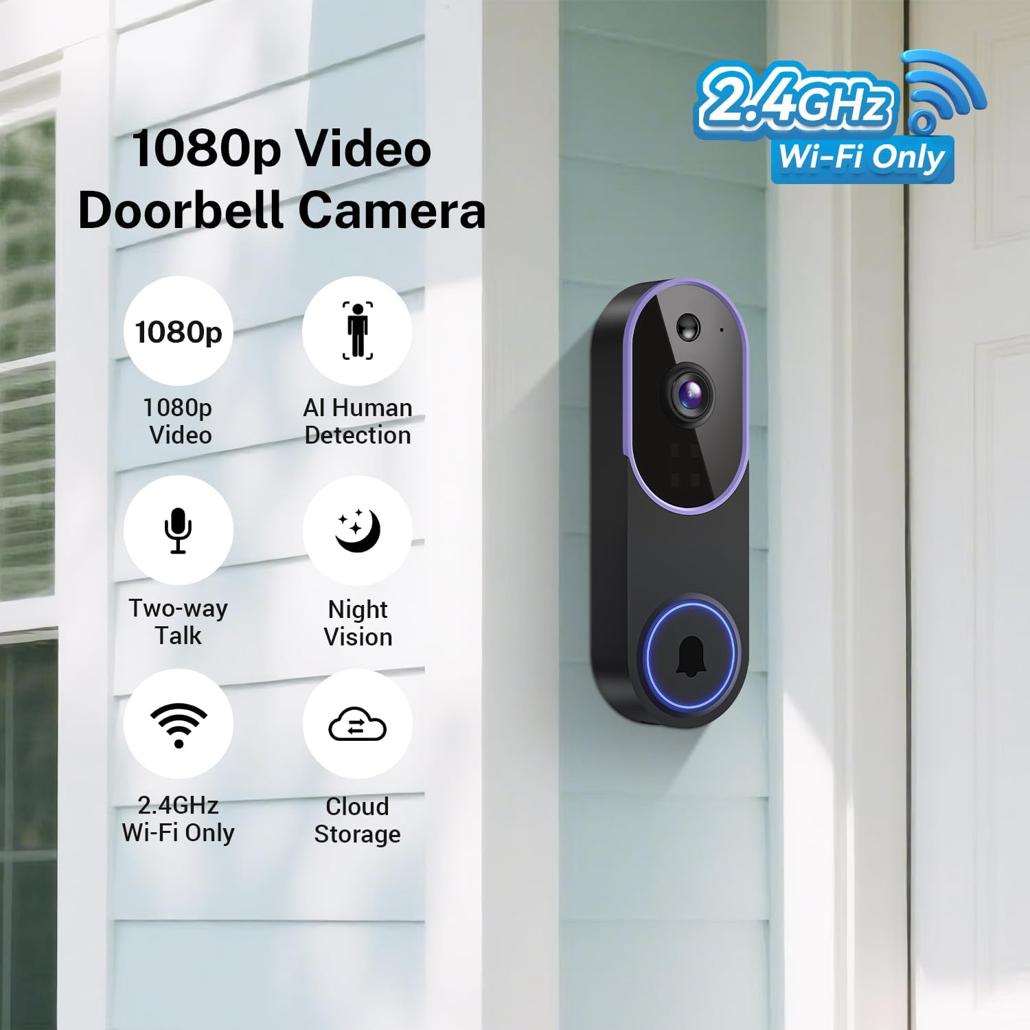 Smart 1080p Video Doorbell Camera with Doorbell Receiver, Live View, AI Human Detection, 2-Way Audio, Night Vision, Cloud Storage (Sold Separately), 2.4G WiFi