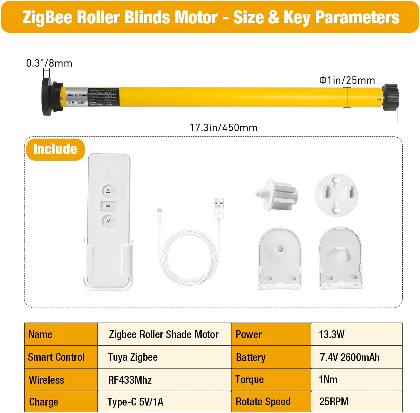 AM25 Zigbee Smart Blinds Motor for 1.5" Shade Tube, Type-C Rechargeable Window Shade Motor, 10 lbs Load Capacity, DIY Motorized Zebra/Roman/Roller Blinds, Compatible with Alexa & Google Home