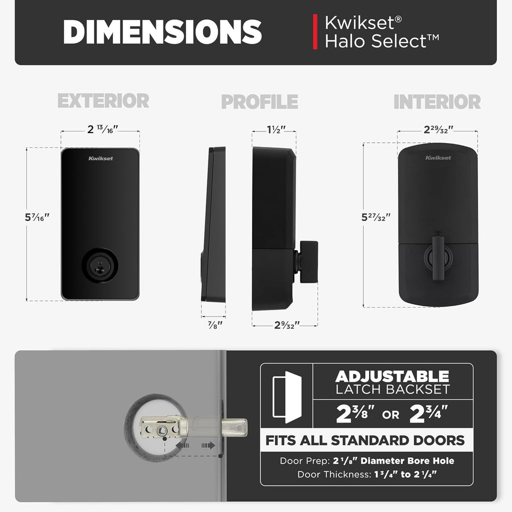 Kwikset Halo Select Smart Lock Keyless Entry Door Lock Wi-Fi and Matter Enabled Deadbolt No Hub Needed, Geofence Auto-Unlock, Grade AAA Certified, Easy Install, Matte Black Lifetime Finish Warranty