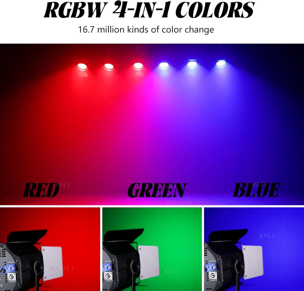 COB Stage Lights with Barn Doors, COB Par Light 200W LED RGBW 4in1, DMX512 Master-Slave Sound DJ Lighting Spotlight Fresnel for Church Concert Wedding (4-Colors Style, 1)