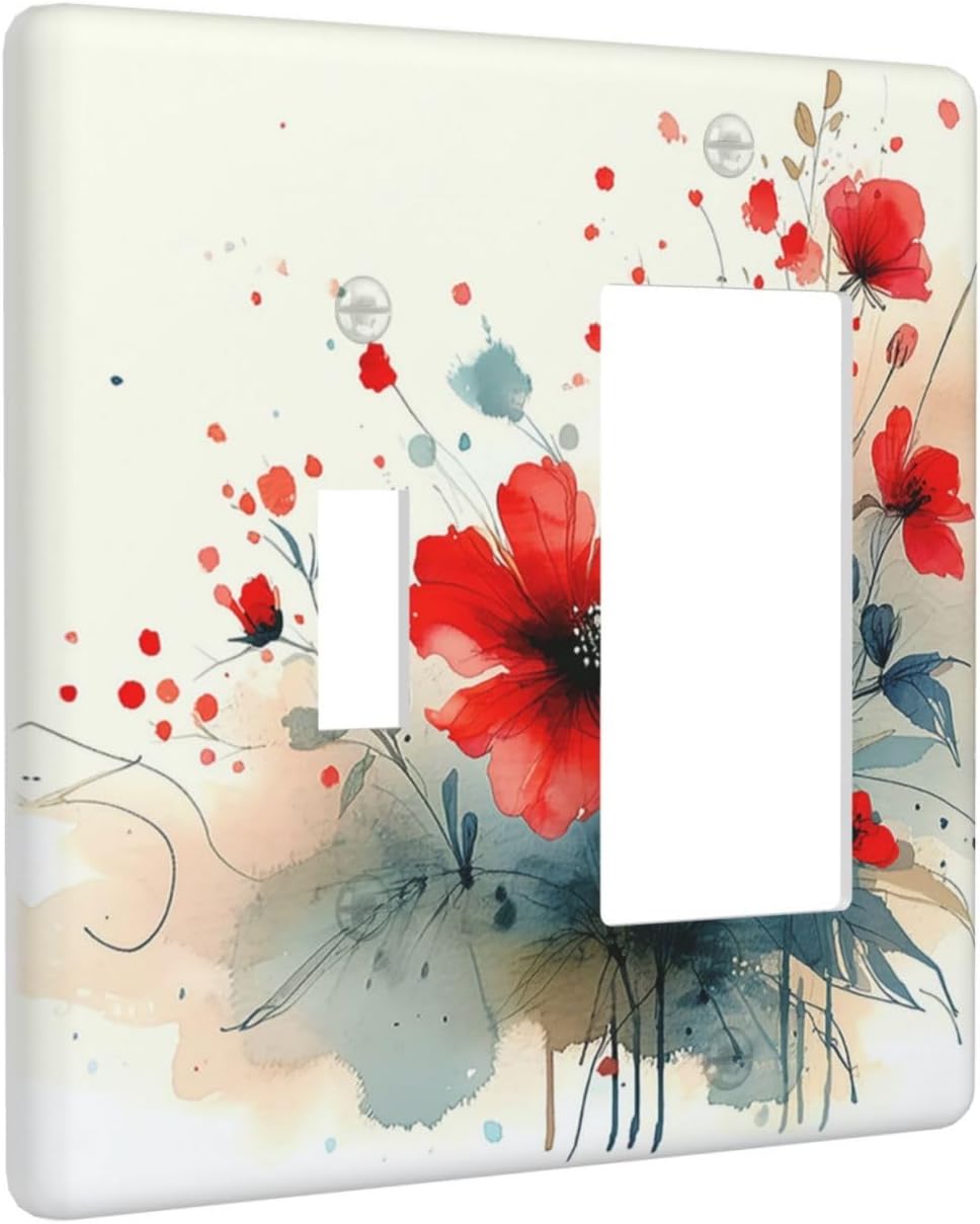 Vintage Floral Red Watercolor Modern Outlet Covers 1 Toggle 1 Rocker Combination Light Switch Cover Plate Decorative Wall Plate Electrical Switch Plates for Bedroom Bathroom Decor