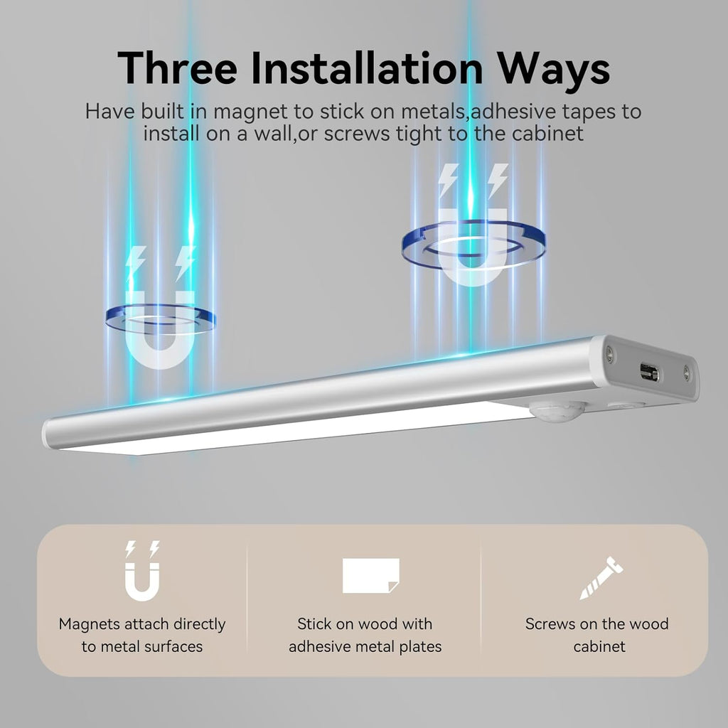 12inch Under Cabinet Lighting, 3 Color 2500mAh Magnetic Motion Activated Under Cabinet Lights, Rechargeable Closet Lights Battery Operated, Wireless Dimmable Under Counter Lights for Kitchen 2 Pack