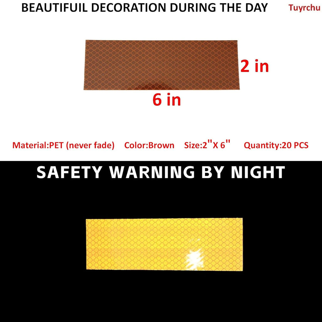 Non Fading Brown Reflective Stickers 2 inch X 6 inch, Outdoor Waterproof High Visibility Warning Safety Adhesive Reflector Tape (20 Pcs)