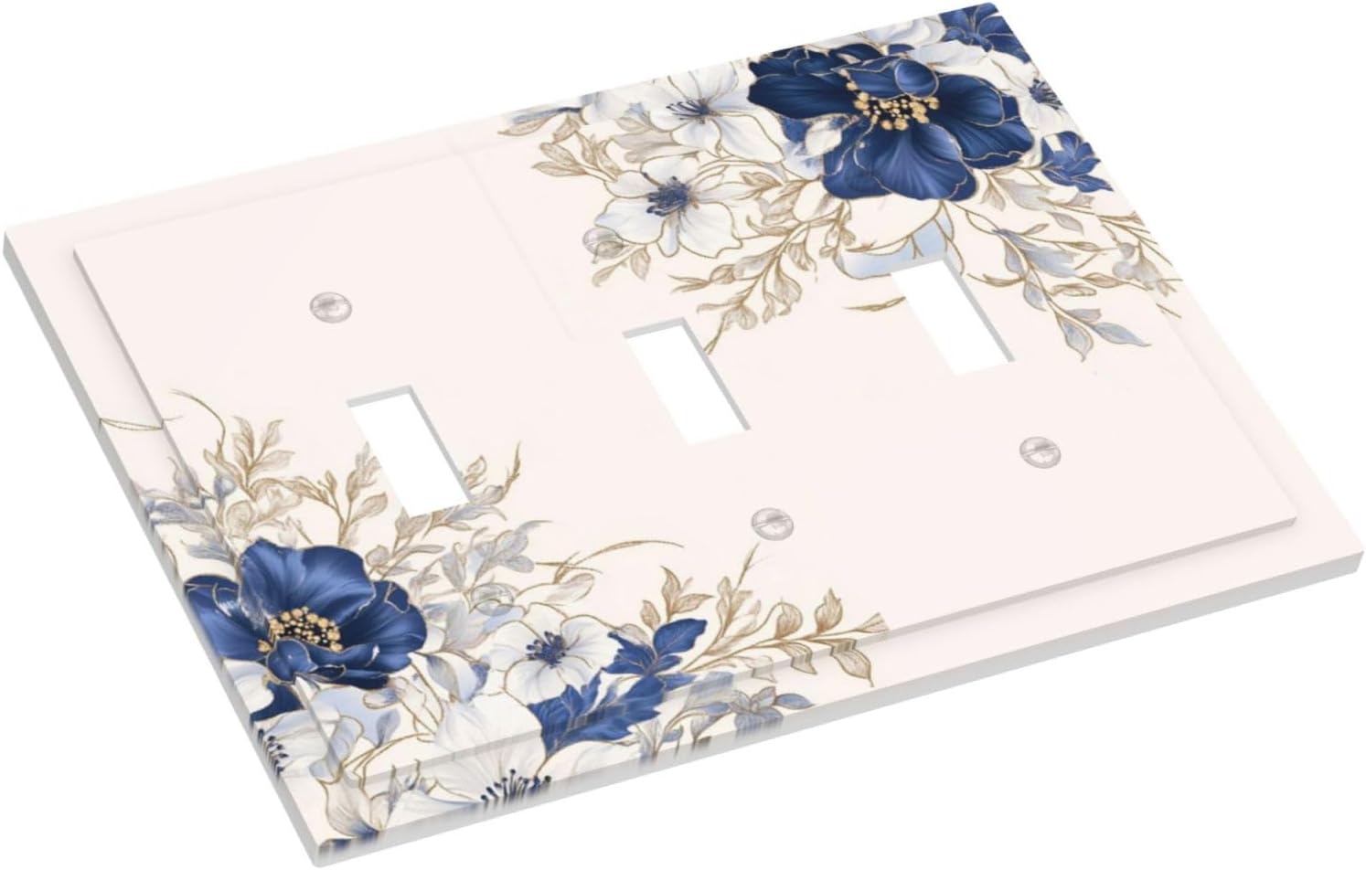 Decorative Light Switch Cover Plate Rustic Blue Beige Flower Peony Floral 3 Gang Wall Plates for Electrical Outlets Triple Toggle Switch Plate Covers Outlet Covers Faceplate for Bedroom Decor
