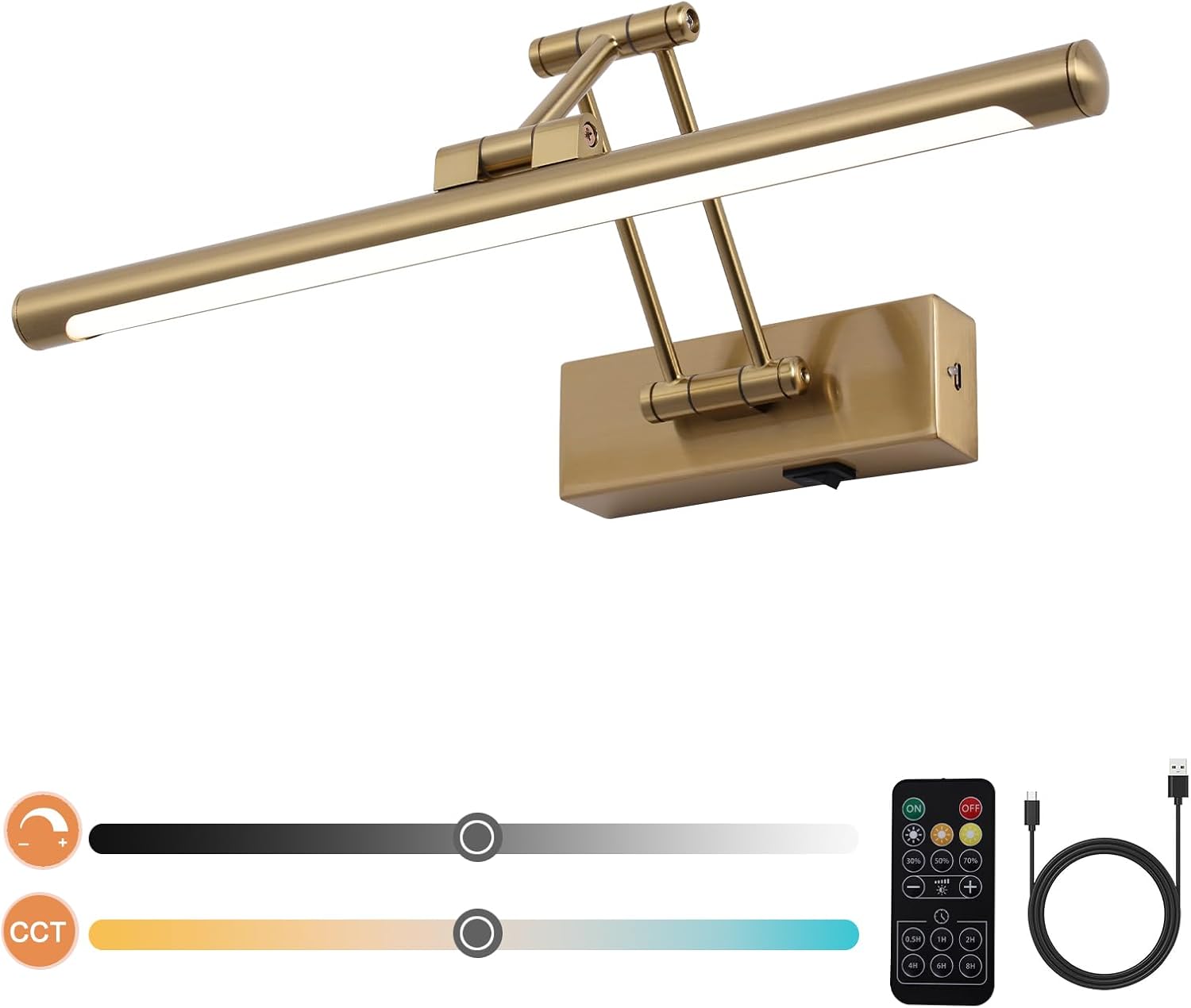 Battery Picture Lights for Wall, Rechargeable Gallery Light Wireless Art Display Lights with Dual-Rods Swing Arm Brass Painting Light with Remote & Timer 3CCT Dimmable Wall Sconces for Portrait 16”